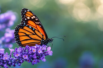 Obraz premium Graceful orange monarch butterfly perched on vibrant purple clustered flowers with soft green bokeh, serene and delicate