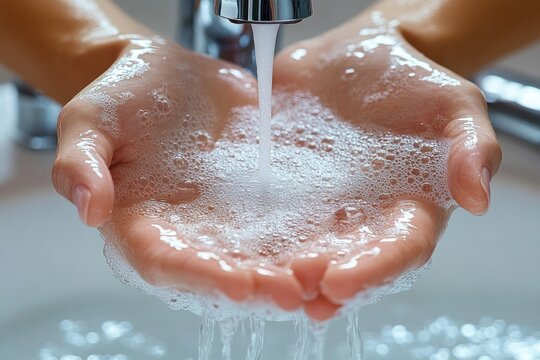 Close-up of cupped hands under a running faucet filled with soapy bubbles, conveying cleanliness and care