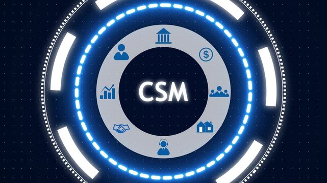 Futuristic circular infographic with glowing blue concentric rings and icons around a central 'CSM' label, tech background
