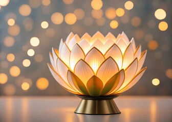 Glowing lotus candle with golden bokeh, peaceful meditation light concept
