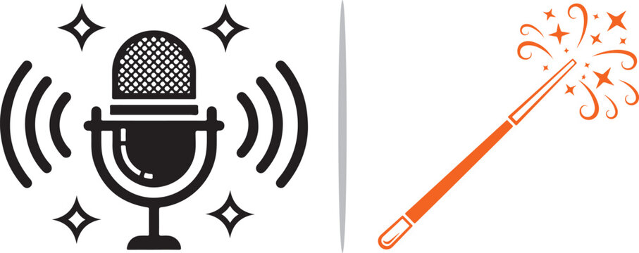 A minimalist vector set: a black microphone icon with sound waves and sparkles alongside an orange magic wand releasing a burst of stars, representing high-quality audio and vocal magic.