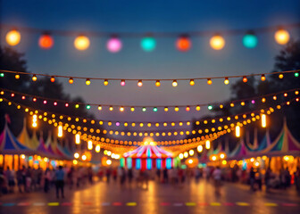 Colorful carnival lights and bokeh at night, festive party background
