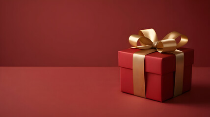 Fototapeta premium Red gift box with gold ribbon and bow on a matching deep red background, elegant holiday present or special occasion surprise