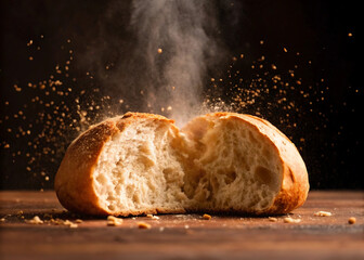 Fresh rustic bread loaf breaking open with flour dust, bakery close-up
