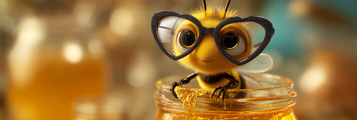 Extreme Close-up of an Adorable Bee Wearing Heart-Shaped Glasses on Honey Jar, Hyper-Realistic 3D Advertising Concept with Bright Yellow Background and Copy Space. Generative Ai.