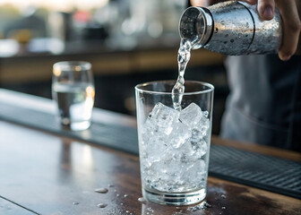 Bartender pouring soda water into ice glass, clean refreshing beverage
