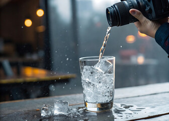 Pouring sparkling water over ice in glass, refreshing bar drink action
