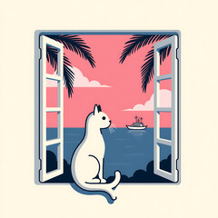 Cat looking at ocean through open window, tropical sunset travel illustration
