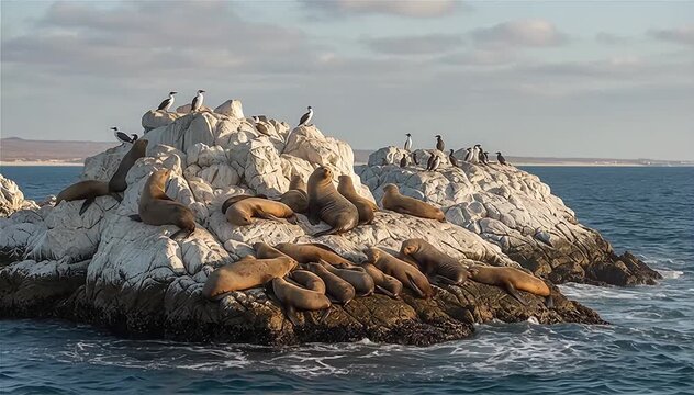Closeup of Seals and pup Resting on Rocks in Ballestas Islands, Paracas National Reserve, Peru.
