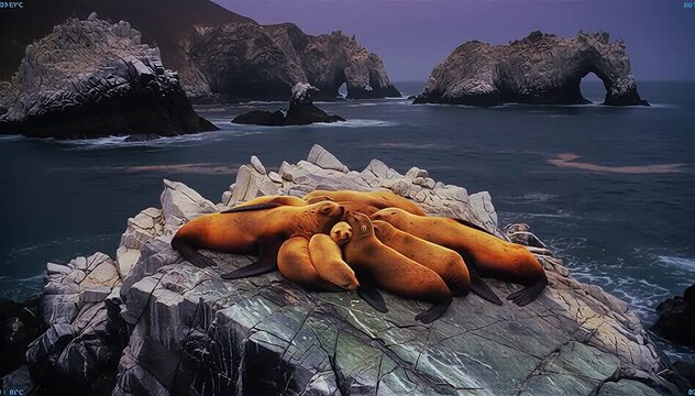 Seals and pups Closeup Resting on Rocks at night scene in Ballestas Islands, Paracas National Reserve, Peru. Heat-detecting thermal camera.
