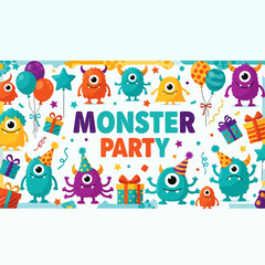 Fototapeta premium Fantasy Monster Birthday Celebration Featuring Playful Characters Bright Colors and Happy Smiles 