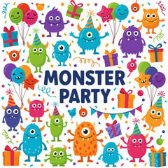 Naklejka premium Smiling Cartoon Monster Collection Perfect for Children's Party Invitations and Event Posters 