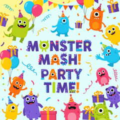 Fototapeta premium Cheerful Halloween Monster Party Design with Friendly Creatures and Vibrant Balloon Decorations 