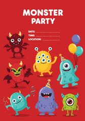 Naklejka premium Colorful Cartoon Monster Gathering for Kids Birthday Celebration with Fun Party Theme 