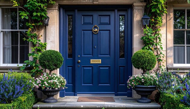 Dark Blue Front Door with Gold Hardware, Classical Columns, White Trim, and Blooming Flower Planters