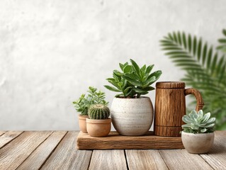 Fototapeta premium A group of diverse succulents sits on a wooden surface, complemented by a green leafy plant in the background against a white wall.