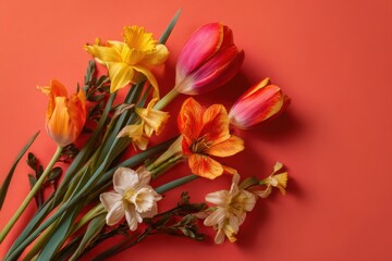 Fototapeta premium colorful tulip and daffodil bouquet arranged on bright coral backdrop top view floral composition rich texture vivid spring atmosphere concept of seasonal promotion holiday campaign lifestyle branding