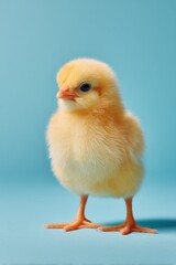 Obraz premium yellow chick standing on blue background soft studio light detailed feather texture minimal composition concept of spring season poultry farming agriculture marketing holiday celebration