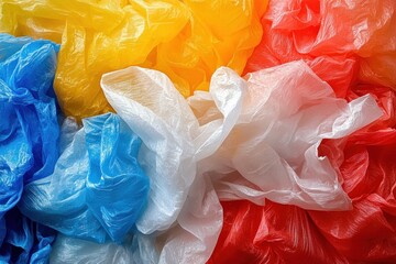 Fototapeta premium crumpled colorful plastic bags in blue yellow white and red, vibrant chaotic glossy pile with wrinkled texture and playful yet uneasy mood