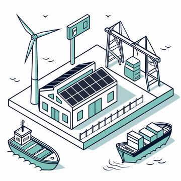 Futuristic smart green port with integrated wind and solar energy infrastructure