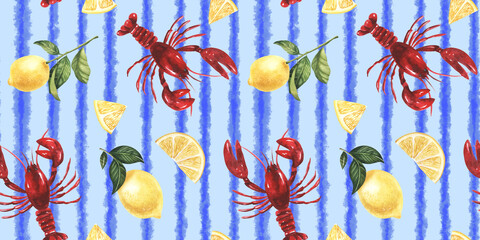 Colorful seamless pattern with red lobsters and yellow lemons on a light blue stripes background, perfect for use in creative projects, kitchen decor, sea-themed designs, textile, decor