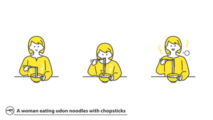 箸でかけうどんを食べる女性　表情バリエーション　セット　2色
