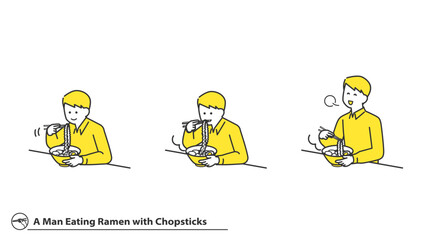 箸でラーメンを食べる男性　表情バリエーション　セット　2色