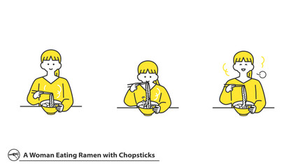 箸でラーメンを食べる女性　表情バリエーション　セット　2色