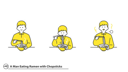 箸でラーメンを食べる男性　表情バリエーション　セット　2色