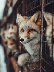 Obraz premium A fox's face is partially visible through metal bars in a low-light setting.