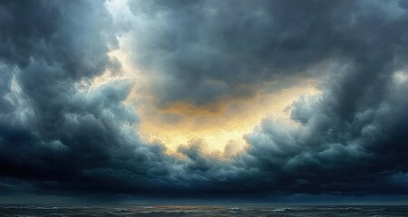 Obraz premium Ominous storm clouds over a choppy ocean with a glowing break of golden light at the center, dramatic turbulent seascape evoking awe and tension