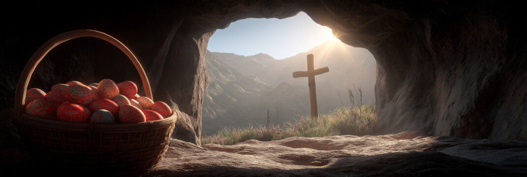 Easter eggs in front of empty tomb seeing cross. Easter wallpaper. Woven basket with Easter eggs inside a cave looking out at a cross and rising sun