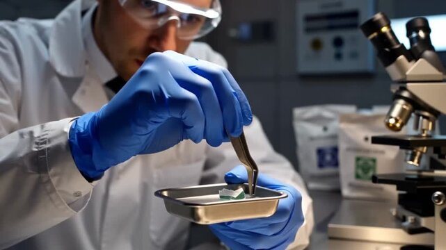 Scientist in lab coat and gloves handling petri dish with tweezers near microscope, working on experiment in laboratory setting with equipment in background