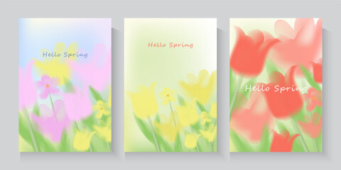 Naklejka premium Spring or summer trendy floral background. Blurred gradient flowers Pink, red, purple tulips. Nature tropical art design with cute color templates for poster, card, cover, banner, social media.