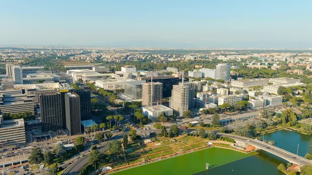 Rome, Italy. Panoramic view. District EUR - Quarter is a vast complex of buildings built on the orders of dictator Benito Mussolini. Drone footage