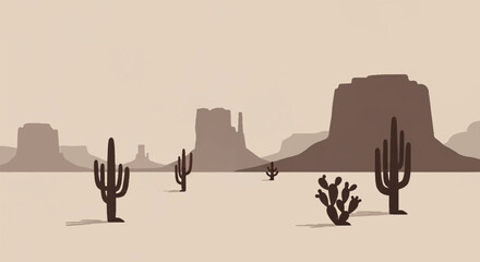 Cacti and Rocks Silhouetted Against a Beige Sky in Isolation