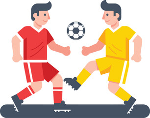Obraz premium Two cartoon soccer players wearing contrasting red and yellow jerseys compete for a black and white ball suspended between them above a dark ground line.