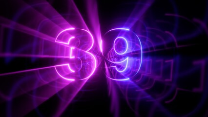 Fototapeta premium Neon number 39 isolated on purple abstract background, glowing futuristic light sign, 3d retro typography for birthday, anniversary or event celebration