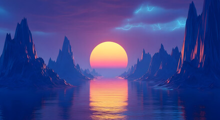 Sunset Over Reflective Water Between Jagged Mountains