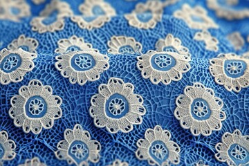 close-up of blue lace fabric with white embroidered floral motifs, delicate ornate texture and romantic feel