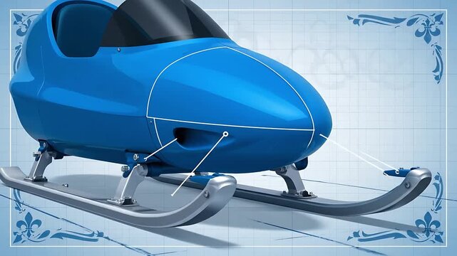 Bright blue aerodynamic snow speeder concept a futuristic winter sports vehicle 3D rendering illustration isolated on a light technical blueprint background