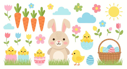 Easter bunny and spring elements in a colorful and playful illustration © Hadi