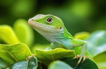 Obraz premium close-up of a bright green lizard perched on glossy leaves with an alert, curious expression and blurred green foliage background