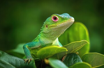 Naklejka premium Curious green lizard perched on glossy tropical leaves with vivid scales and pink-rimmed eye in a close-up portrait against soft green bokeh