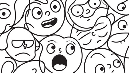 A crowd of expressive cartoon faces depicting diverse emotional reactions in black and white Vector, illustration