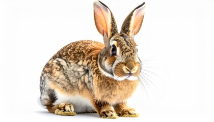 Brown and tan rabbit with long ears sits and faces the viewer, white background
