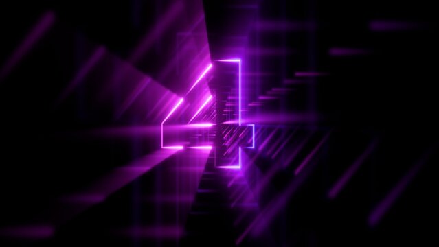 Futuristic neon glowing number four symbol in purple digital tunnel 3d illustration representing countdown and fourth dimension