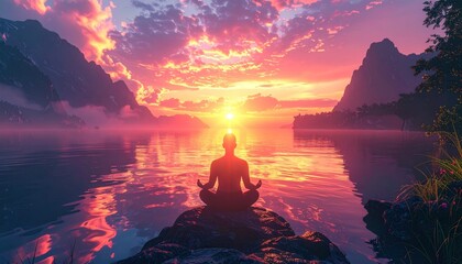 Person meditating on a rock, serene lake, sunset sky, mountains in background