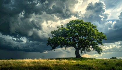 Lone tree stands in field against stormy sky, sunlight breaking through clouds