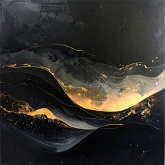 Abstract painting of black and gold flowing shapes, textured, modern, evocative and rich